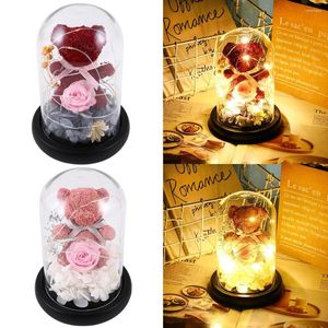 Night Lights Bear Rose LED Light Kids Gifts Glass Dome On Wood Base Fairy Lamp för mors dag Girls födelsedagsdiskprydnad D30