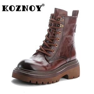 Boots Koznoy 6cm British Ankle Booties Cow Genuine Leather ZIP Retro Supportive Mocorcycle Spring Women Autumn Ergonomic Shoes 231130