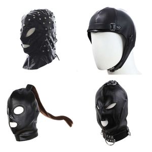 Massageprodukte, exotische Accessoires aus SM-Pu-Leder, sexy schwarze Kopf-Bondage-Haube mit offenem Augenmund für erotische Paare, Flirtspielzeug, Maske, Cosplay