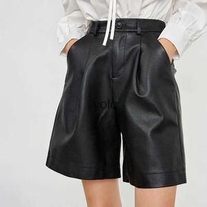 Kvinnors shorts pu leer kvinnor knapp kvalitet bred ben faux England stil hög midja lös femme kvinnors cloingyolq