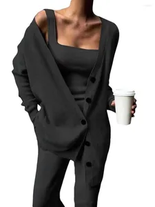 여자 2 조각 팬츠 긴 가디건 여성 니트 가을 3 개의 의상 캐주얼 피트 탑 검은 v 넥 버튼 바느질 일일 세트