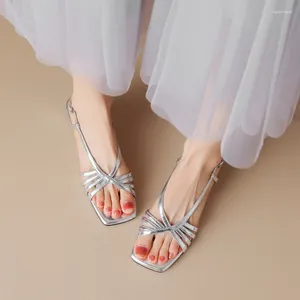 Sandalen Damen Echtes Leder Karree Zehe Chunky Low Heels Schnalle Schmalband Mode Lässig Damenschuhe Sommer Silber Gold