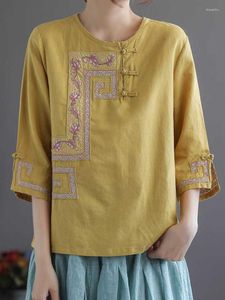 Kadın bluzları retro keten ve pamuk etnik stil düğmesi 5/4 kollu tişört kadın 2023 yaz ağır zanaat nakış moda gündelik üst
