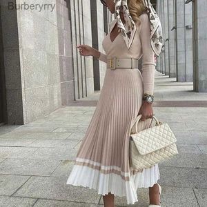 Basic Casual Dresses Women Knitted Pleated Dress Long Sles V-Neck Solid Lady Sweater Party Dresses Autumn Winter Fashion Fe A-Line Maxi DressL231130