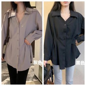 Kvinnors blusar koreanska mode plus storlek långärmad lady elegant blus kvinnor unika vackra midjeband höst blusa feminina grossist