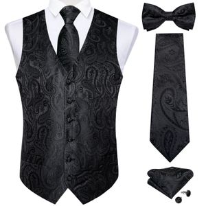 Men's Vests Men Black Paisley Vest Necktie Bowtie Pocket Square Cufflinks Dress Set Classic 5 PCS Business Waistcoat for Man 231130