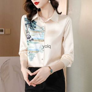 Women's Blouses Shirts Fashion Flower Print Women Elegant Turn-Down Collar 2023 Spring Autumn Lady Long Sleeve Topsyolq