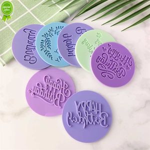 Ny akrylkakor Embionser Mögel Happy Birthday Pattern Cake Stencil Fondant Icing Biscuit Mold Baking levererar kakedekorationsverktyg