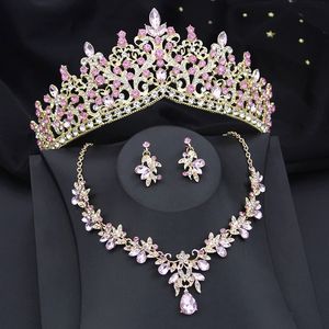 Bröllop smycken sätter guldfärger rosa brud för kvinnor kron brud tiaras och halsband örhängen set blommor 231130