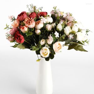 Dekorativa blommor liten te knopp bukett falska rose bröllop blommvägg vas för hem dekoration tillbehör prydnadsblommor konstgjorda konstgjorda