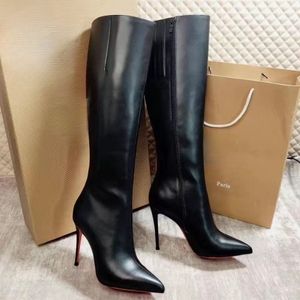 Mulheres de salto alto designer apontou saltos finos 10 cm 12 cm joelho botas de luxo moda senhoras cristal brilho vermelho bota inferior brilhante clássico retro tamanho 35-42