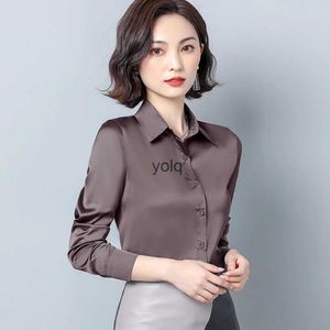 Blusas femininas camisas elegante senhora workwear mulheres blusa manga longa lapela brilhante camisa de seda básica feminina topsyolq