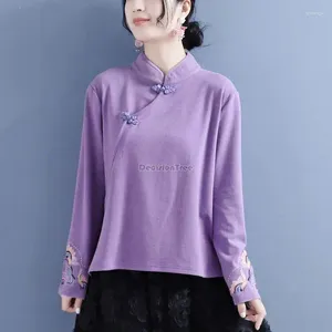 Etniska kläder 2023 Autumn Winter Embroidery Stand Collar Long Sleeve Loose Cheongsam Top Woman Chinese Style Qipao Blus S636