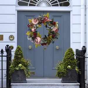 Flores decorativas Peony Wreath Wreath Flower Wreaths Peonies Porta com folhas verdes Spring para o casamento de Natal do Halloween