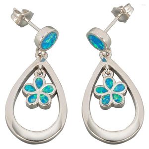 Dingle örhängen Kongmoon Plumeria Teardrop Ocean Blue Fire Opal Silver Plated Smycken för kvinnor Piercing Drop