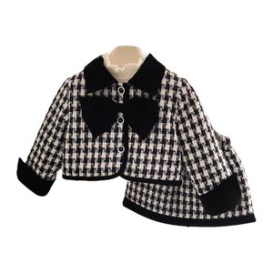 Winter Mädchen Regenpfeifer Fall wollene Kleidung Sets Kinder Revers Bögen Krawatte Revers outwear elastische Taille Rock 2 Stück Dame Stil Kinder verdicken Prinzessin Outfits Z5671