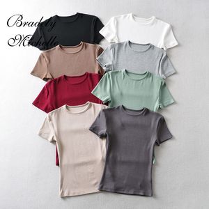 女性のTシャツBradely Michelle Casuare Summer Woman Skinny Fit TシャツタイトショートスリーブOネックティーベーシックソリッドクロップトップTシャツ230428