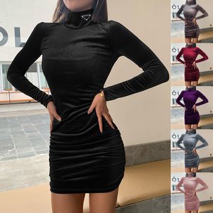 Parada Designer Marca Feminina Vestido de Veludo com Gola Alta 2023 Outono e Inverno Novo Vestido Slim Manga Longa Vestidos Casuais Sexy Moda Vestido Quadril Plus Size Saia Tamanho S-3XL