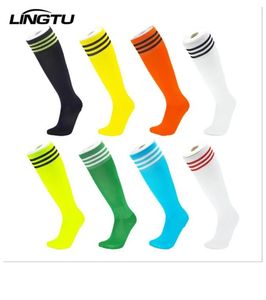 Fußballsocken mit flacher Nadel, Frühling und Sommer, Polyester-Baumwolle, für Erwachsene, langer Schlauch über dem Knie, Streifen mit drei Balken