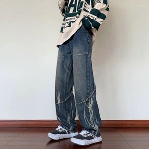 Men's Jeans American Street Chain Decoration High Y2K Ins Casual Wide Leg Pants Retro Overalls Trendy Clothing 2023