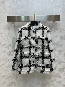 Winter Black White Tassels Gingham Tweed Brooch Jacket Women O-neck Long Sleeve Diamonds Button Pockets Sweet loose Coat