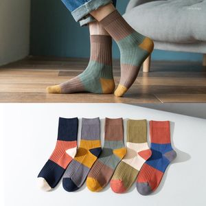 Herrensocken Reine Baumwolle Herren Sport Atmungsaktiv Bequem Skateboard Street Style Mode Gestreift Patchwork Socken 5 Paar Packung