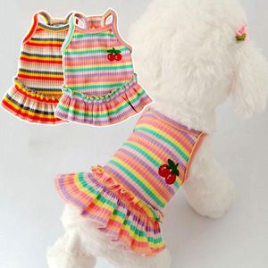 Dog Apparel Color Striped Dog's Clothes Small Sweet Princess Dress Spring And Summer Cat Skirt Cute Cherry Pattern Pretty Pet DressDog