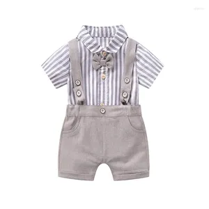 Kläder sätter sommar baby pojke bomull set gentleman födelsedagsfest randig skjorta romper topp hängslor