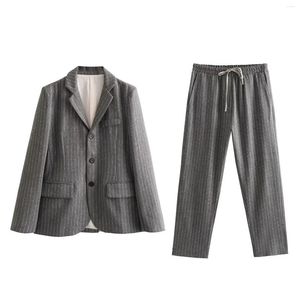 여자 정장 여성 Pinstripe Blazer Jacket Lapel Long Sleeves 버튼 가을 패션 사무실 레이디 통근 헐렁한 바지 세트