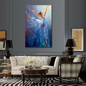 Hand Painted Oil Painting Figure Dancing Ballerina in Blue Abstract Modern Beautiful Canvas Art Woman Artwork Picture for Home Dec201N