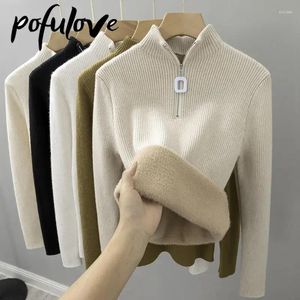 Women's Sweaters Zipper Half Turtleneck Sweater Women Plush Thickened Long Sleeve Knitwear Black Underlay Winter Warm Top Solid Jumper