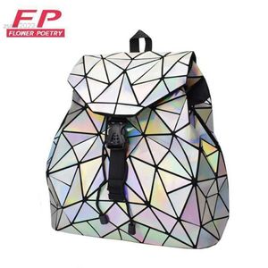 Zaino con coulisse da donna alla moda Zaini femminili geometrici per ragazze adolescenti Borsa da scuola bao da donna olografica Sac242l