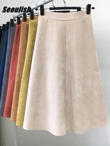 Юбки Seoulish осень-зима женские замшевые миди с высокой талией однотонные элегантные Aline зонтик женская юбка женская 231129