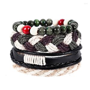 Braccialetti con ciondoli 4 pezzi / set Hippie Punk Pelle nera Verde scuro Beige Nodi di corda Perline di legno Strati Impilabile Avvolgere Braccialetto largo Braccialetti per