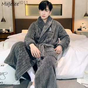 Men's Robes Robes Men Flannel Thick Fleece Autumn Winter Lounge Mid-calf Chic Underwear Warm Pockets Basic Bandage Handsome Daily Gentleman L231130