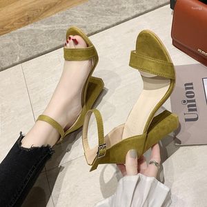 Dress Shoes Summer 43 Yards One Word Open-toe Sandals Women's European And American Buckle Thick-heeled High-heeled Fish Mouth