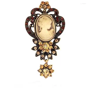 Brooches Selling Vintage Gold Color Women Elegant Cameo Brooch High Quality Crystal Flower Dangle Pins Gift For Girls