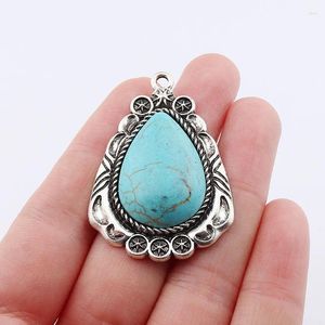 Charms 2 X Tibetan Silver Boho Imitation Turquoises Stone Droplet Shape Pendants For DIY Necklace Making Accessories 34x30mm