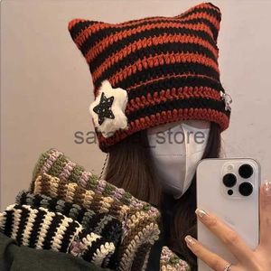 Beanie/Kafatası Kapakları El yapımı Beanies Hat sevimli beş yıldızlı sokak kıyafeti kulak çizgili şeytan kış sıcak kazak örgü kapak ponpon bonnetler kadınlar için j231130