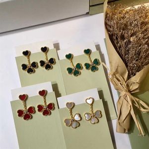 Marca de moda festa jóias para mulheres cor ouro vermelho coração anéis brincos conjunto jóias 4 folha coração flor jóias set344x