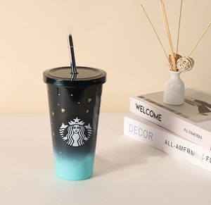 Designer Straw Cup Dubbelskiktad astronautteknologi Reflekterande rostfritt stål Isolerad kopp kaffekopp Student Portable Gradient Color Cup Tumblers