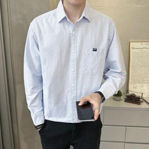 Camisas casuais masculinas 2023-moda com listras de marca britânica confortável negócio sem ferro chinelo de seda bonito camisa de lapela