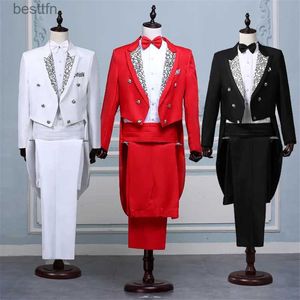 Men's Suits Blazers Tailcoat Suits Men Vest Jacket White Tail Coat Chorus Tuxedo Floral Stage Come Singer Performer Magician Host OutfitsL231130