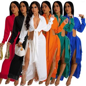Work Dresses Fashion Tassels Women Shirt Two Pieces Set Sexy Lace-up Side Split High Waist Skirt Party Beach Long Sleeves Lady Suit