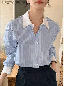 女性用ブラウスシャツストライプシャツ女性コントラストカラーカジュアルブラウスfeラペル長いシックシャツ女性ファッションルーズオフィスシャツspringl231130