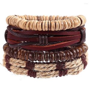 Charm Bracelets 4pcs/set Hippie Punk Dark Brown Leather Band Coconut Wood Beads Cord Knots Wrap Wide Stackable Bangles For Man