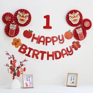 Party Decoration Chinese Red Happy Birthday Banner Characters Garland Baby 1st The First Year Old 100 Days Lion Dance