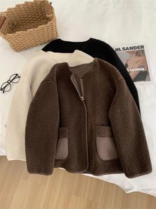 Kvinnors jackor mocka fodrad Shearling Jacket Beige Brown Lamb Fleece Coat for Women dragkedja Cardigan Top Autumn Winter