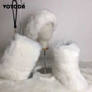 Inverno quente mulheres botas de pele mulher fofo saco de pele do falso conjunto bandana senhoras botas de neve de pelúcia fora do sexo feminino peludo deslizamento em sapatos