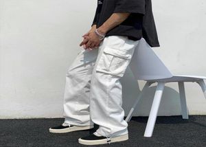 Preto branco calças casuais moda masculina solta reta perna larga homem streetwear hiphop bolso carga calças 52945282291611